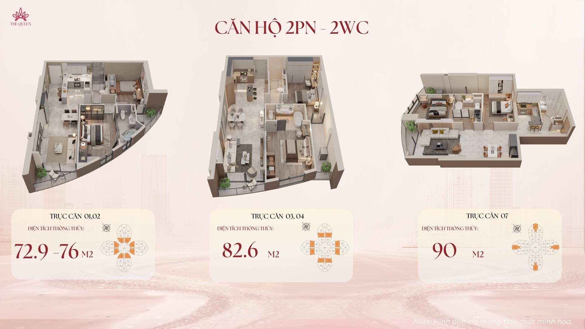 Thiết kế căn hộ The Queen 360 Giải Phóng căn 2 ngủ