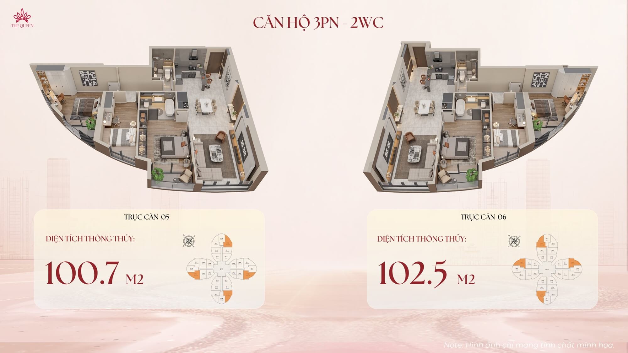 Thiết kế căn hộ The Queen 360 Giải Phóng căn 3 ngủ