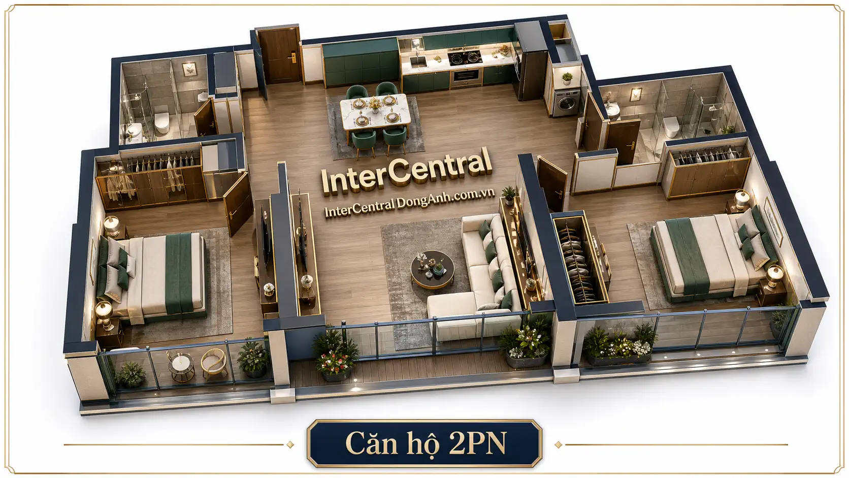 Mặt bằng thiết kế căn 2 ngủ chung cư The Bank InterCentral Đông Anh