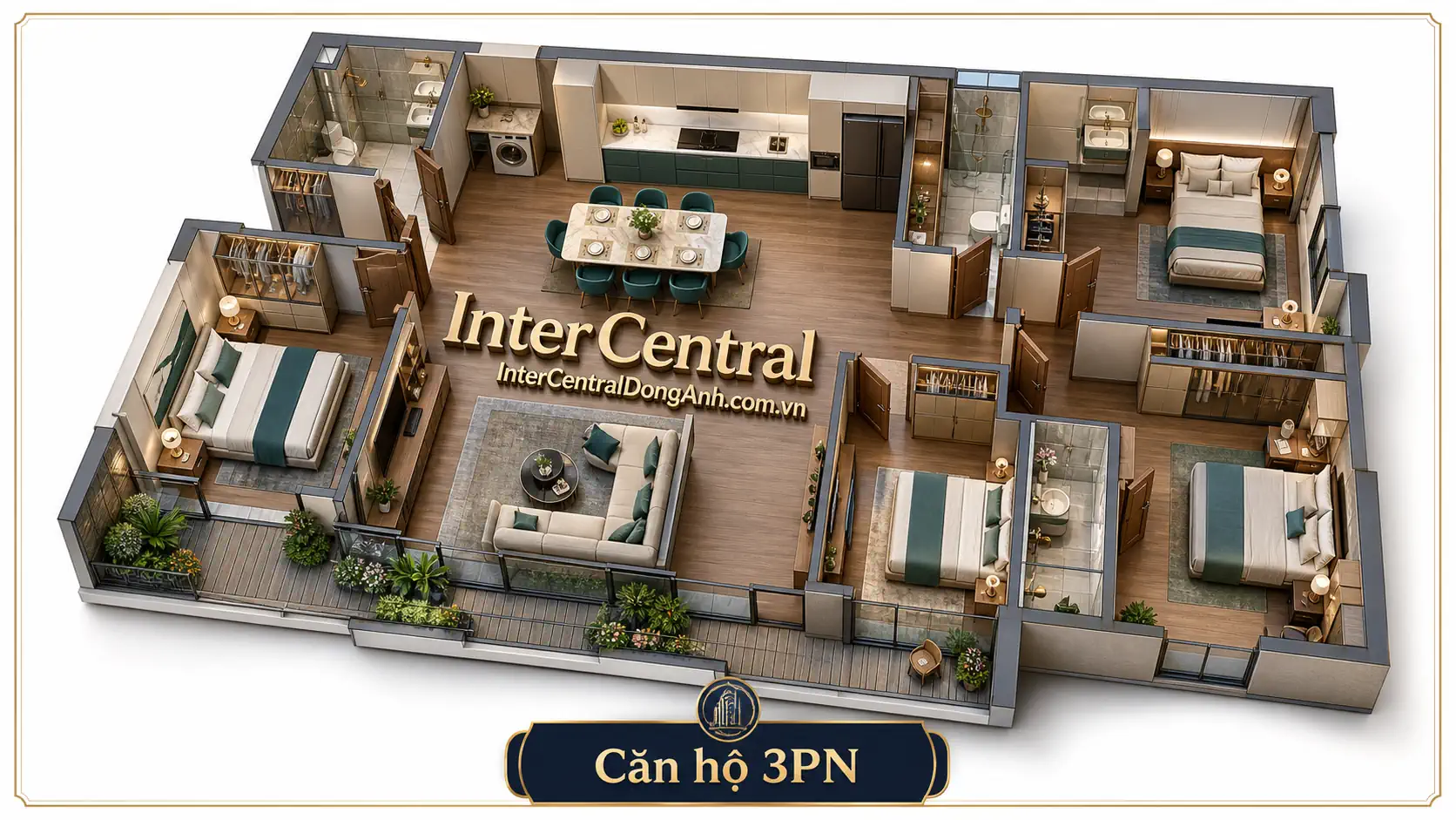 Mặt bằng thiết kế căn 3 ngủ chung cư The Bank InterCentral Đông Anh