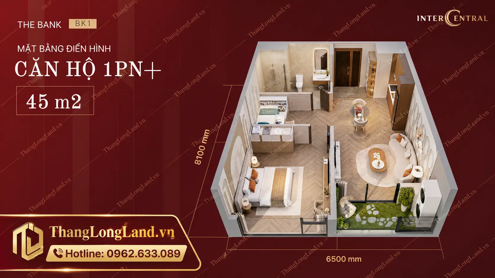 Mặt bằng thiết kế căn 1 phòng ngủ +1 dự án InterCentral Đông Anh