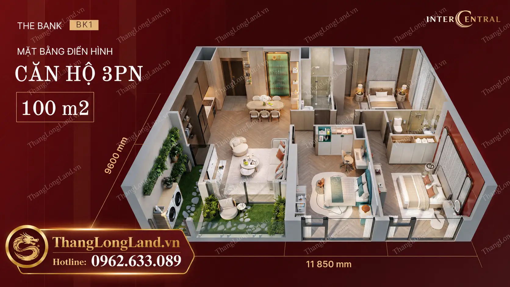 Mặt bằng thiết kế căn 3 phòng ngủ dự án InterCentral Đông Anh