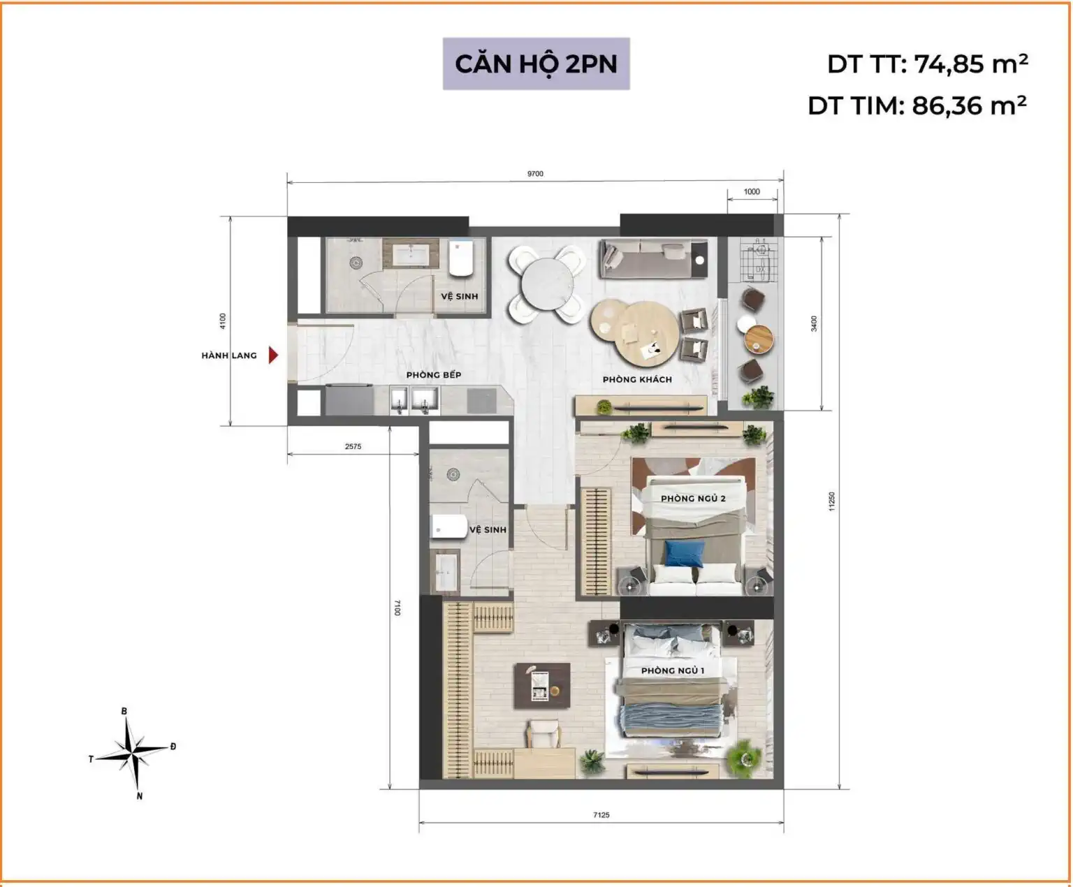 Ascott Tây Hồ - thiết kế căn 2 phòng ngủ
