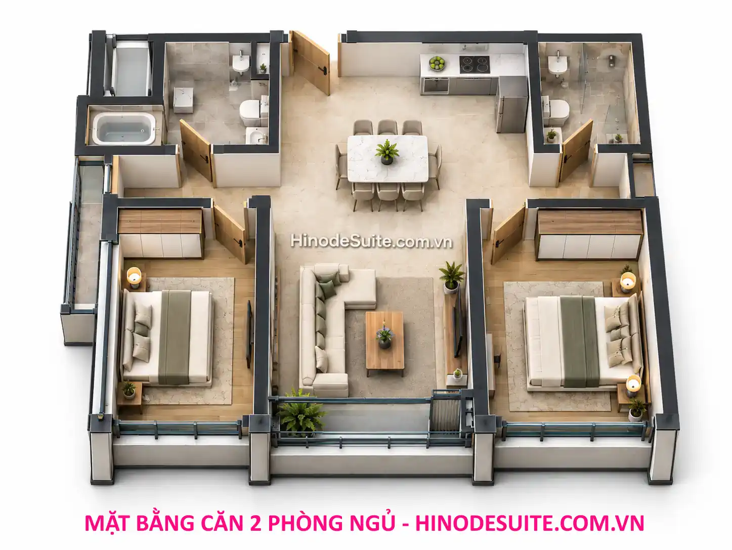 Mặt bằng thiết kế căn 2 phòng ngủ Hinode Suite