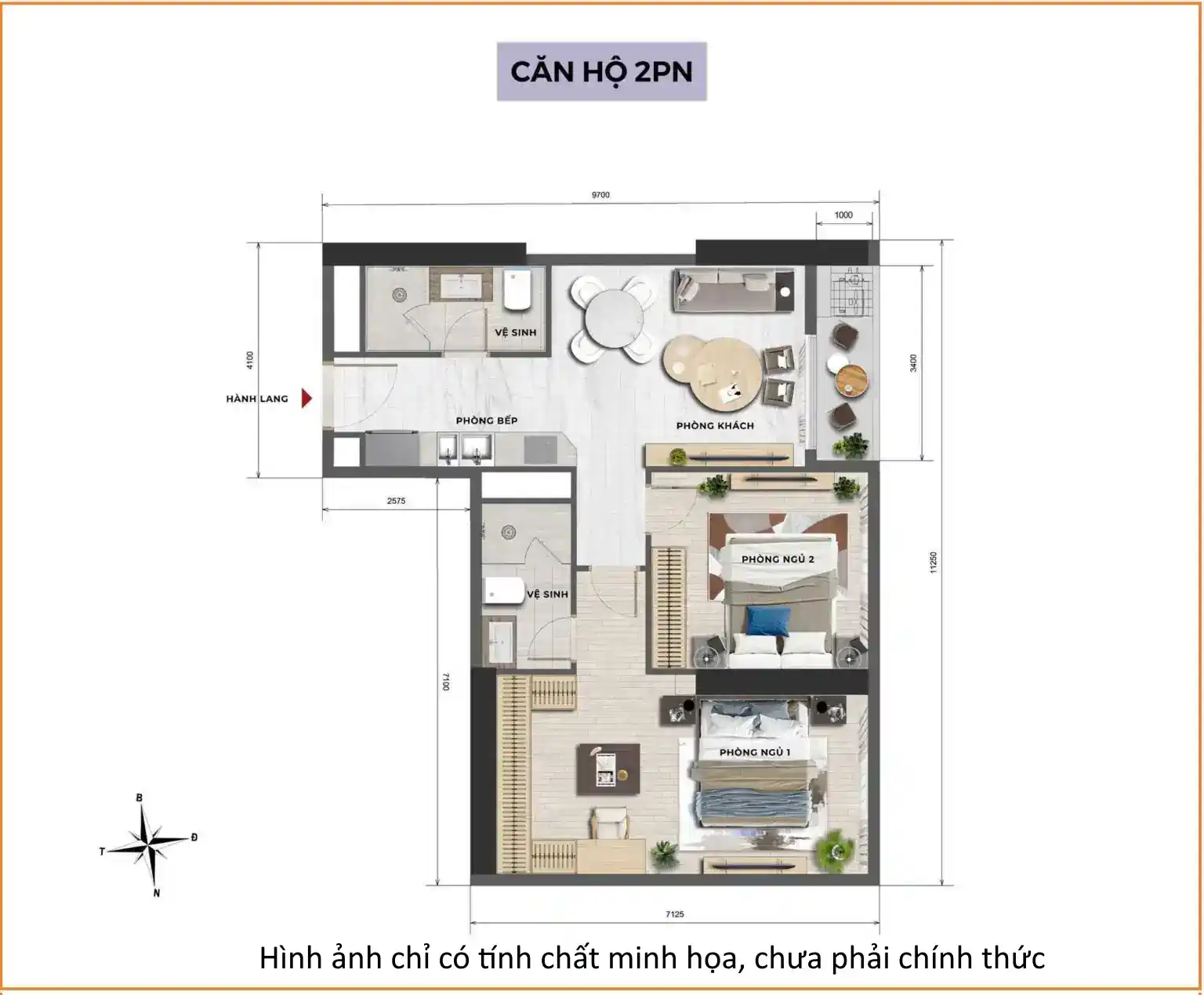 Mặt bằng căn 2 phòng ngủ The 7 Stars