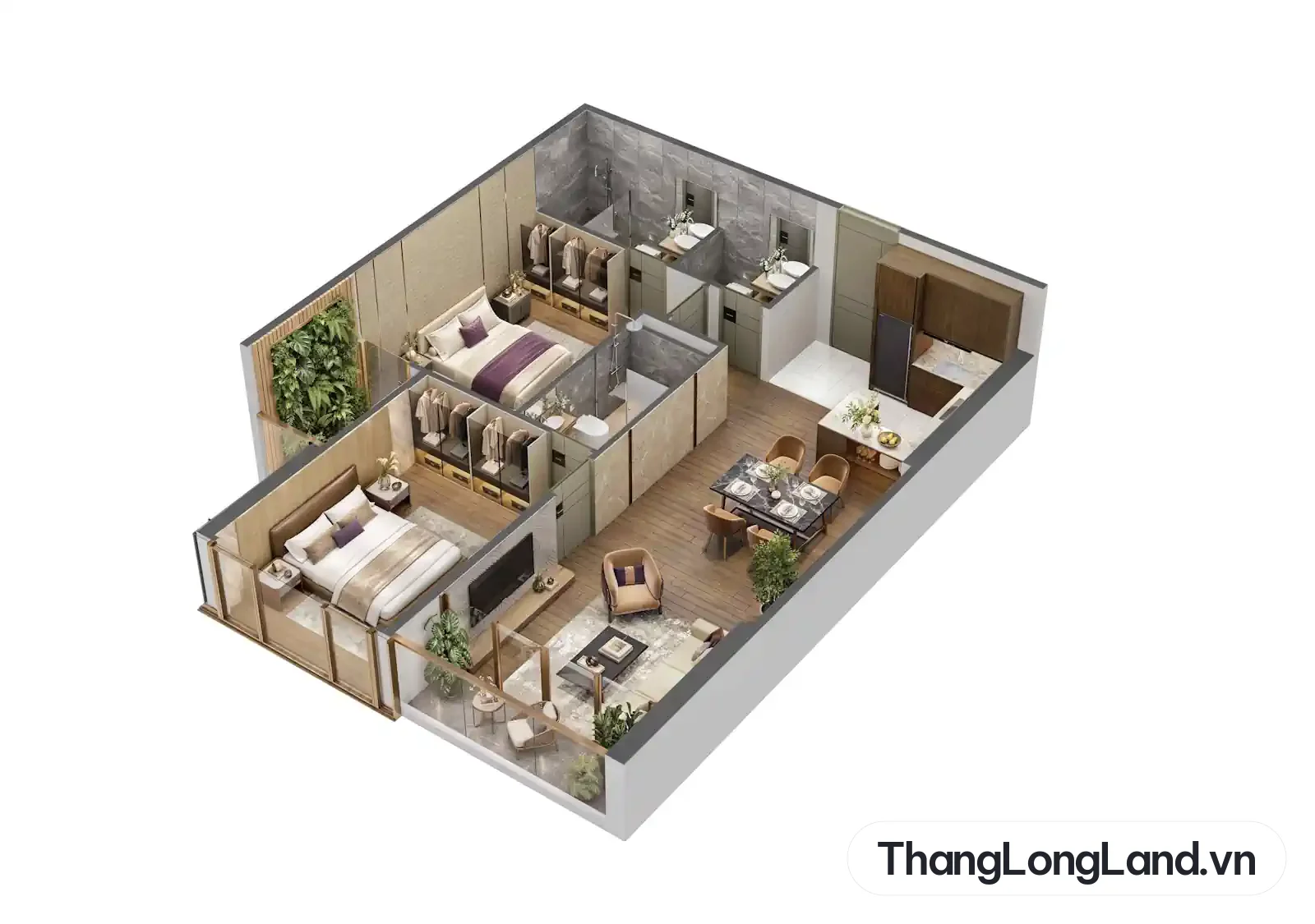 Hình minh họa căn hộ 2 phòng ngủ NobleX Starlake Crown