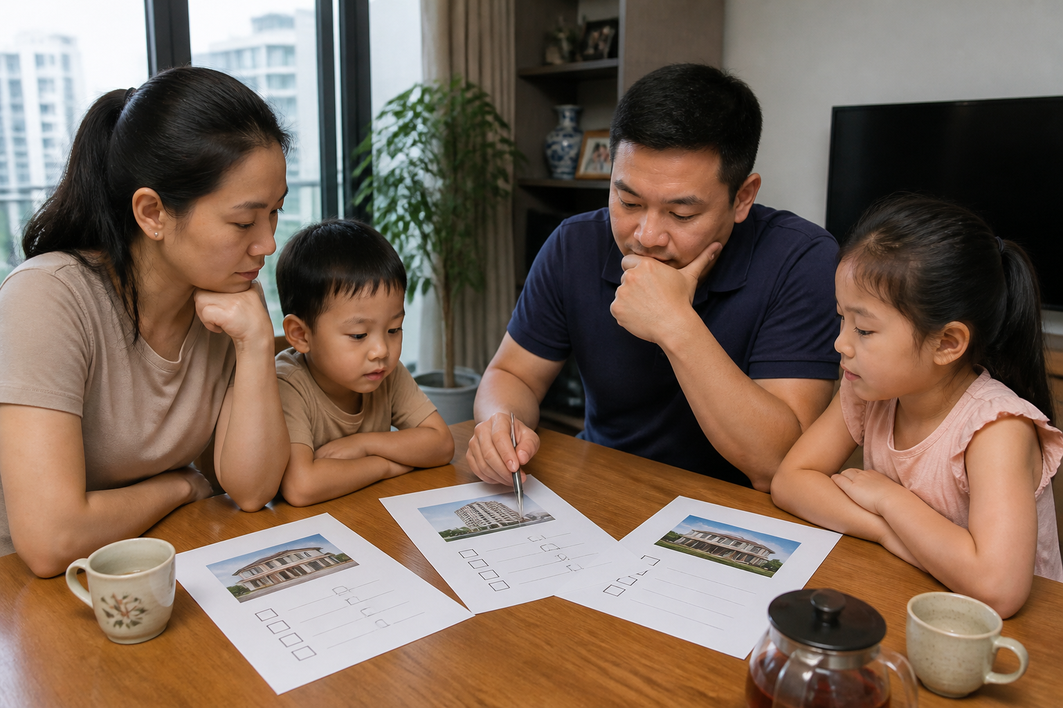 Minh họa gia đình đối chiếu chi phí và đường đi trước khi mua nhà